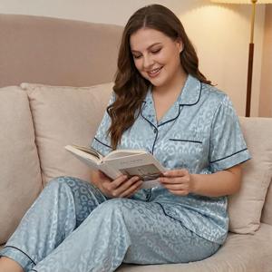Ensemble de pyjama pour femmes King Mcgreen Star XL-5XL avec imprimé poche estival, en soie et mousseline élégante, adapté aux femmes rondes et aux mamans - Product Image 2