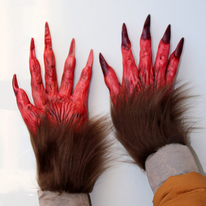 Werewolf <b>Gloves</b> With Furry Red <b>Claws</b> One Size Halloween Costume Props - Product Image 3