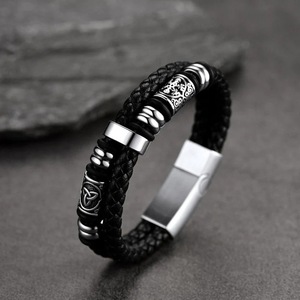 Nuevo Estilo, Brazalete de Acero Inoxidable Electrochapado con Cuerda de Cuero, Estilo Hip-Hop <span class=keywords><strong>para</strong></span> Hombre, Serie Vikinga Nórdica, Venta al Por Mayor, Regalo - Product Image 4