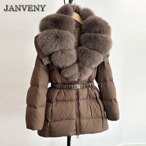 Áo khoác phao lông cáo thật mùa đông JANVENY 2024, dáng dài, có dây buộc eo, giữ ấm, chất liệu lông vũ trắng 90%, dành cho nữ - Product Image 5