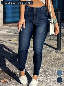 Jean slim droit taille haute pour femme, multi-poches, bleu uni, respirant, tendance, style rétro, idéal pour le travail - Product Image 5