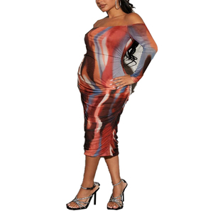 Robe de maternité personnalisée pour femme, sexy, imprimé marbré, manches courtes, épaules dénudées, coupe trapèze, longueur midi, décontractée, respirante, pour club - Product Image 1