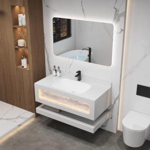 Conjunto de Mueble de Baño Moderno Personalizado con Lavabo Flotante de 2 Niveles en Piedra Sinterizada Blanca, Acabado Gris Oscuro Acanalado, sin Juntas, con Espejo Retroiluminado LED - Product Image 5