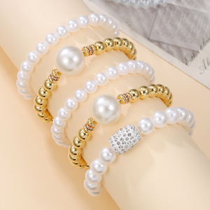 Imitation Pearl 5 Piece <b>Stacked</b> <b>Bracelet</b> Set Women's Party Jewelry Elegant Round Beaded With Diamond Encrusted Design - Product Image 2