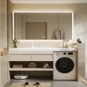 Meuble-lavabo mural moderne <span class=keywords><strong>de</strong></span> 48 pouces avec vasque simple, comptoir en pierre acrylique et miroir intelligent avec armoire intégrée - Product Image 1