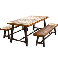 Table de pique-nique en bois d'acacia pour l'extérieur et 2 bancs, ensemble de salle à manger de style américain résistant aux intempéries pour jardin et patio, mobilier d'extérieur en bois massif