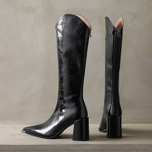 Sepatu bot hak tinggi sepeda motor wanita musim dingin 2025 sepatu bot panjang kulit biji-bijian atas 8cm penutup ritsleting sol karet antiselip - Product Image 4