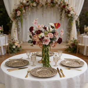 Arrangements floraux de mariage, boule de fleurs 30cm, petite taille, roses en soie rose et bordeaux, centres de table de mariage - Product Image 3