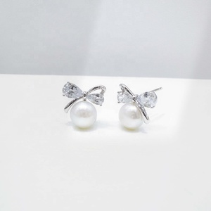 wholesale plata 925 sterling <b>silver</b> novelty ladies <b>earring</b> designer trendy dainty vintage zircon korean bow pearl <b>stud</b> <b>earrings</b> - Product Image 4