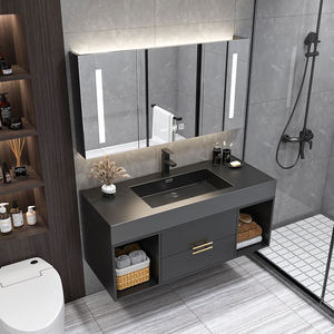 Mueble de Baño Moderno de Pared en Gris Oscuro con Lavabo Integrado de <span class=keywords><strong>Piedra</strong></span> Negra, Espejo LED y Estantes Abiertos para Uso en Baños - Product Image 1