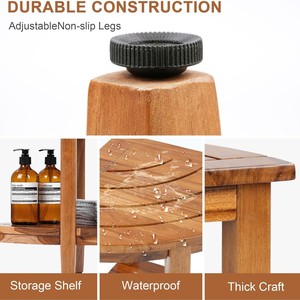 Tabouret de douche en teck à 2 niveaux avec étagère de rangement et pieds antidérapants réglables - Product Image 4