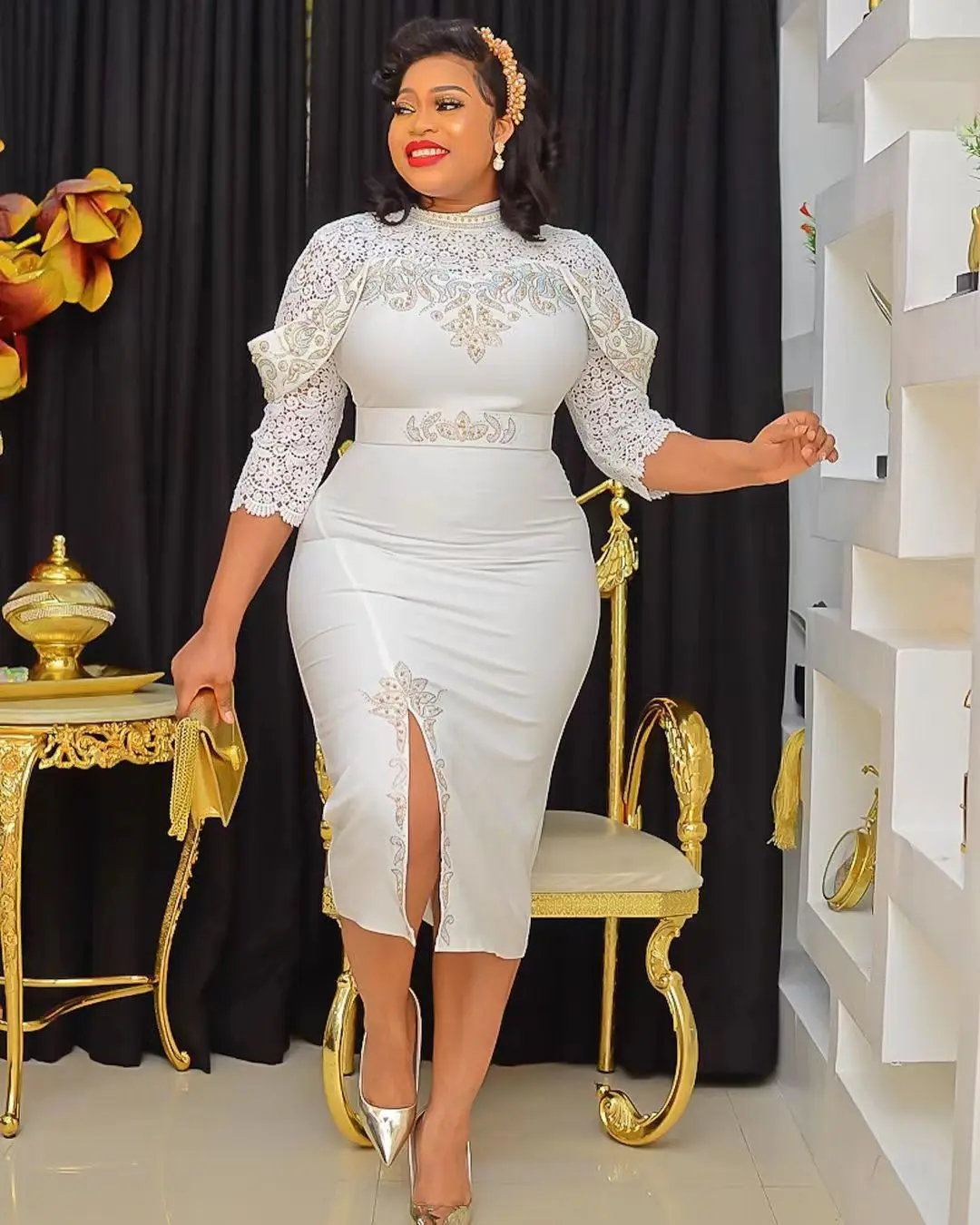 BOBOYU 2023 sexy bodycon slit dress for women fashion rhinestone lace dress elegant casual office dress women african clothes