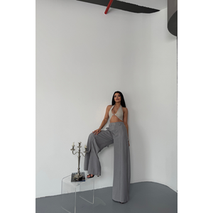 Women's <b>Loose</b>-<b>Fitting</b> Grey Colored Casual <b>Trousers</b> with Front Slit Detail and Belt Breathable Fashion Pants - Product Image 4