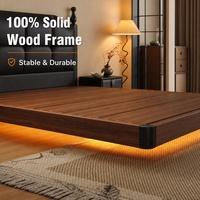 Lit flottant moderne en velours capitonné, taille king size, avec cadre en bois massif naturel, bande lumineuse LED, design luxueux