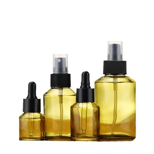 Yellow Glass <b>Bottles</b> With Spray Dropper <b>Pump</b> For Skincare Packaging 10ml 30ml 50ml 100ml Cylinder Shape Clear Surface - Product Image 4