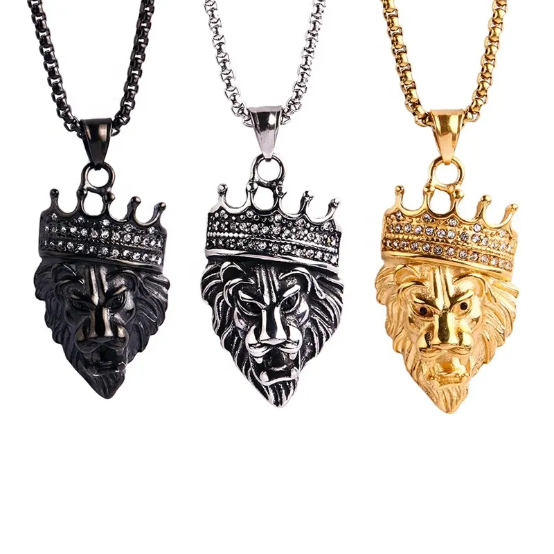 MECYLIFE Zircon Crown Pendant Stainless Steel Hip Hop King of Lion Necklace Men