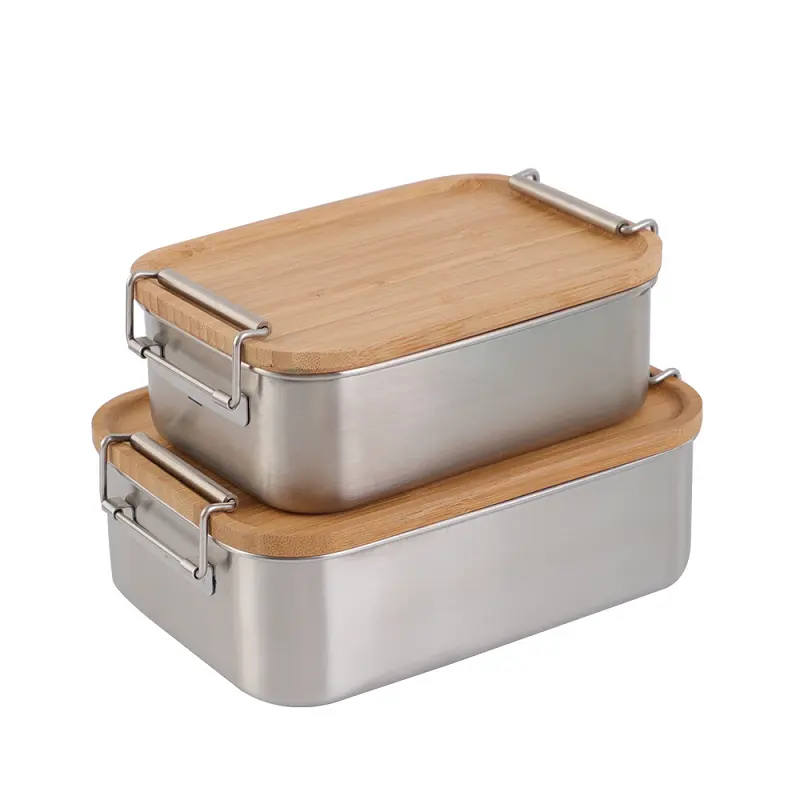 Eco Friendly Rectangle Bento Bread Box Metal Lunchbox Stainless Steel Lunch Box With Bamboo Lid