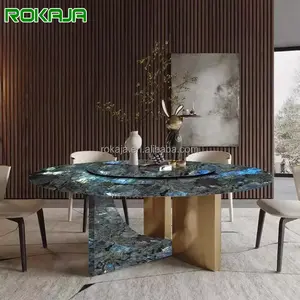 Set Meja Makan Bulat Marmer Safir Mewah Perabot Ruang Makan Malam Berlian Villa Kelas Atas dengan Meja Putar