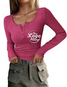 Camisa de algodón para mujer, camisetas de manga larga de otoño 2025, blusa básica informal ajustada de punto acanalado con botones - Product Image 1