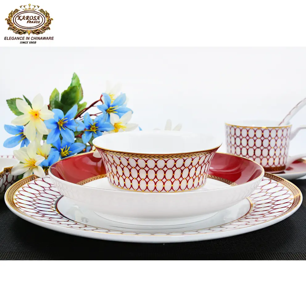 Plato de cena de color rojo, decoración dorada de alta calidad, plato profundo y hueso de lazo, conjunto de cena china para fiesta de boda, hogar, 5 uds.
