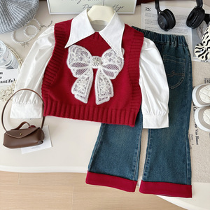 2025 Korean Bow Red Strickweste Weiß Langarmhemd Jeans hose Set Sweet Spring And Autumn Dreiteiliges Set