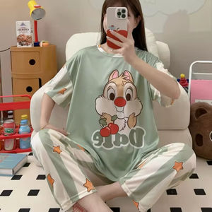 Ensemble pyjama d'été deux pièces pour femme, motif dessin animé, manches courtes, pantalon, col rond, tenue de nuit et d'intérieur - Product Image 6