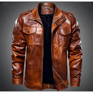 BS International NA227 Blouson d'hiver en cuir naturel marron, imperméable et coupe-vent, col mandarin, fermeture éclair frontale, style Racer - Product Image 1
