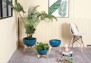 Ceramic Flower Pot with Wood Stand Minimalist Indoor Planter for Green Plants Circular Design Glazed Finis - Product Image 5