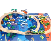 Set de Juego de Tren de Dinosaurios de Madera de 80 Piezas al por Mayor para Niños con Pista, Tapete de Juego y Helicóptero de Juguete para Animales