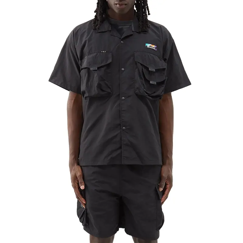OEM新しいファッション積み上げカーゴポケットナイロンシャツ男性キューバ襟スナップボタン留めシャツ