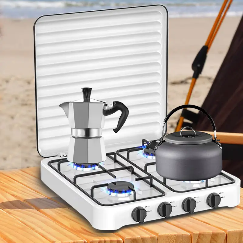 Cuisinière à gaz à 4 brûleurs à prix raisonnable avec grilles à charbon de fer en métal, appareils ménagers faciles à nettoyer et pliables