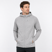 Veste à capuche zippée intégrale pour homme 100 % laine mérinos avec trous pour les pouces, poche poitrine, gris chiné, performance, durable, vêtements de sport