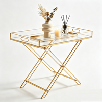 Table d'appoint pliable en acrylique transparent de luxe sur mesure avec bordure dorée et poignée, plateau de service amovible