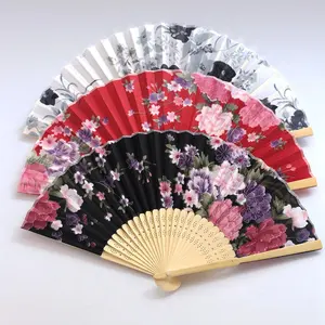 Ventilador de mão dobrável floral chinês, ventilador vintage de cetim com borda de bambu