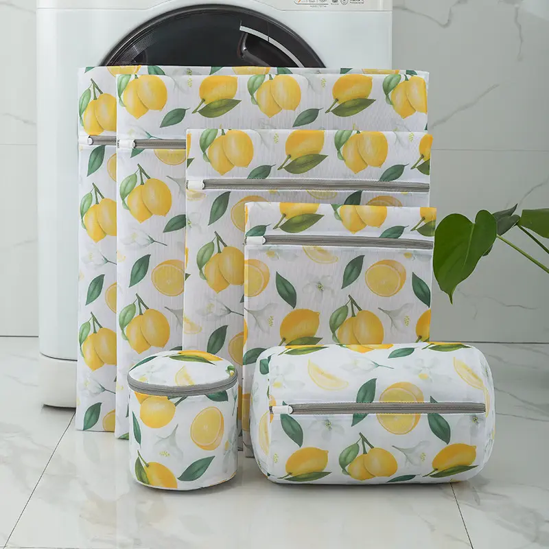 6 Pieces Set Fine Mesh Cartoon Lemon Printed Clothing Lingerie Wash Laundry Bag