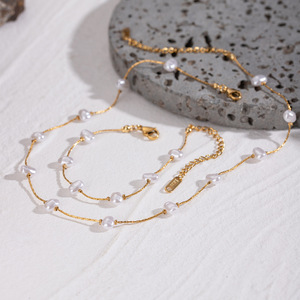 Stainless Steel 18k Gold Pearl Necklace And <b>Bracelet</b> <b>Set</b> Minimalist Baroque Style Fashion Jewelry Gift For Women - Product Image 2