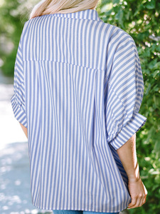 Camisa Oversize de Verano para Mujer 2025, con Rayas Azul Cielo, Encaje Dulce y Lentejuelas, Transpirable, con Logo Personalizado, Venta al por Mayor - Product Image 3