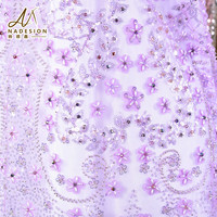 Tissu en dentelle à fleurs 3D avec appliques de perles et de paillettes, broderie florale sur toute la surface, tulle pour robe de mariée et robe de cérémonie