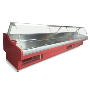 Red color refrigerator service counter display for fresh meat/fish/cheese butcher meat shop equipment