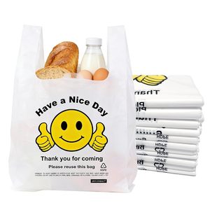 Plastic T-Shirt <b>Bags</b> 11.5 x 6.5 x 21 In HDPE Reusable Grocery <b>Bags</b> With Handles Smiley Design - Product Image 1