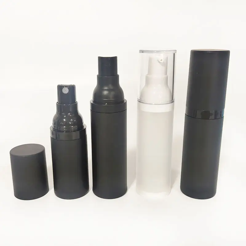 Logotipo personalizado 15ml 30ml 50ml negro mate vacío sin aire emulsión de plástico perfume spray loción botellas botella de suero con bomba