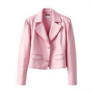 Chaqueta de moto rosa para mujer, de piel sintética, con cuello vuelto, cierre de cremallera, manga larga, chaqueta ajustada de piel de oveja auténtica tejida para mujer - Product Image 3