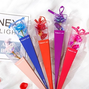 صندوق تغليف وردة واحدة طويل الساق مع شريط، صندوق ورقي شفاف مثلث الشكل لتغليف الزهور، صندوق هدايا ورقي مخروطي لامع - Product Image 6