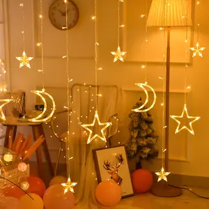 Lấp Lánh Sao Trăng Thác Đám Cưới LED Cửa Sổ Ramadan Chuỗi Ánh Sáng Giáng Sinh Vui Vẻ Rèm Ánh Sáng