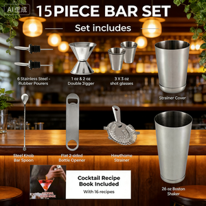 Set di 15 Utensili da <span class=keywords><strong>Bar</strong></span> Riutilizzabili YC Factory con Shaker per Cocktail da 750ml, Jigger Roll-Rim da 15/30ml e Cucchiaio da Mixing per <span class=keywords><strong>Bar</strong></span> Domestico - Product Image 2