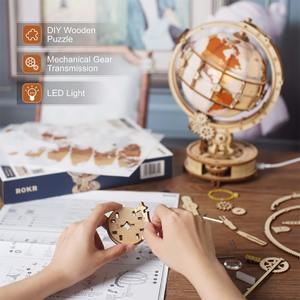 <span class=keywords><strong>Globe</strong></span> <span class=keywords><strong>terrestre</strong></span> mécanique en bois, kit de montage 3D avec lumière LED, design steampunk, carte du monde, décoration pour bureau et maison - Product Image 3