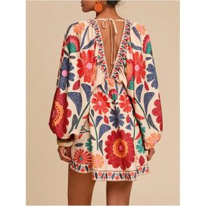 FOXA Women's <b>Boho</b> Floral V Neck Mini Dress Bishop Sleeve Loose Fit Casual Summer Dress - Product Image 2