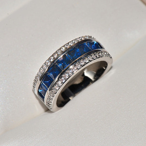 Princess Cut Simulated <b>Sapphire</b> Band <b>Ring</b> 925 Silver Rhodium Plated Micro Pave <b>White</b> CZ Wide Wedding Band For her - Product Image 5