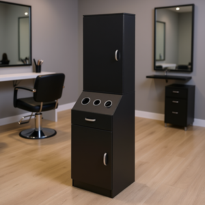 Organisateur de salon noir sur pied, type haut, avec un seul tiroir et 3 supports pour sèche-cheveux, pour les professionnels de la coiffure - Product Image 2