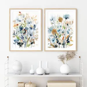 Arte de parede de flores de aquarela, decoração de casa, mix de flores, folhas, posteres boânicos, imagem, pintura em tela